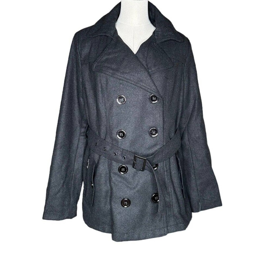 NEW Juniors Bongo Faux Wool Belted Peacoat Pea Coat Jacket Charcoal Gray Size XL